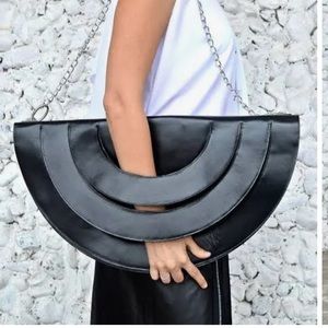Oversized Teyxo Black Leather Bag Tote TLB07 Romania half circle purse NWOT